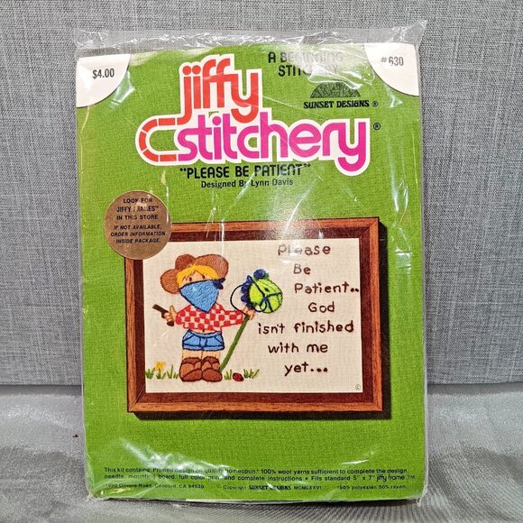 VTG 70s Jiffy Stitchery Crewel Kit Please Be Patient Lynn Davis Beginners Craft - Picture 4 of 4